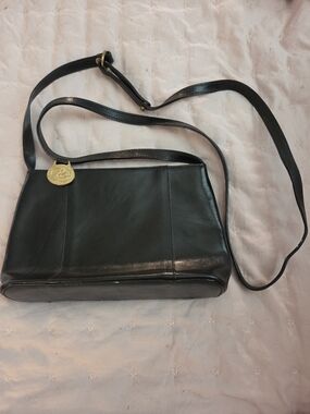 Brahmin Black Leather Crossbody with Gold Medallion